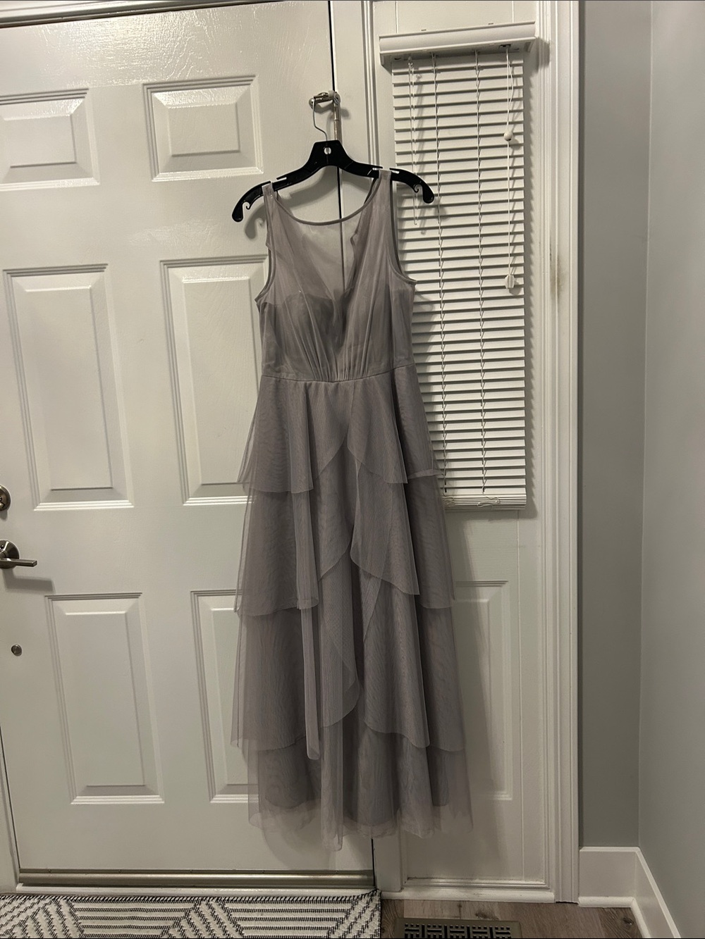 Gray Tiered Tulle Evening Dress - Sleeveless Formal Gown (seen in cups) C/D.